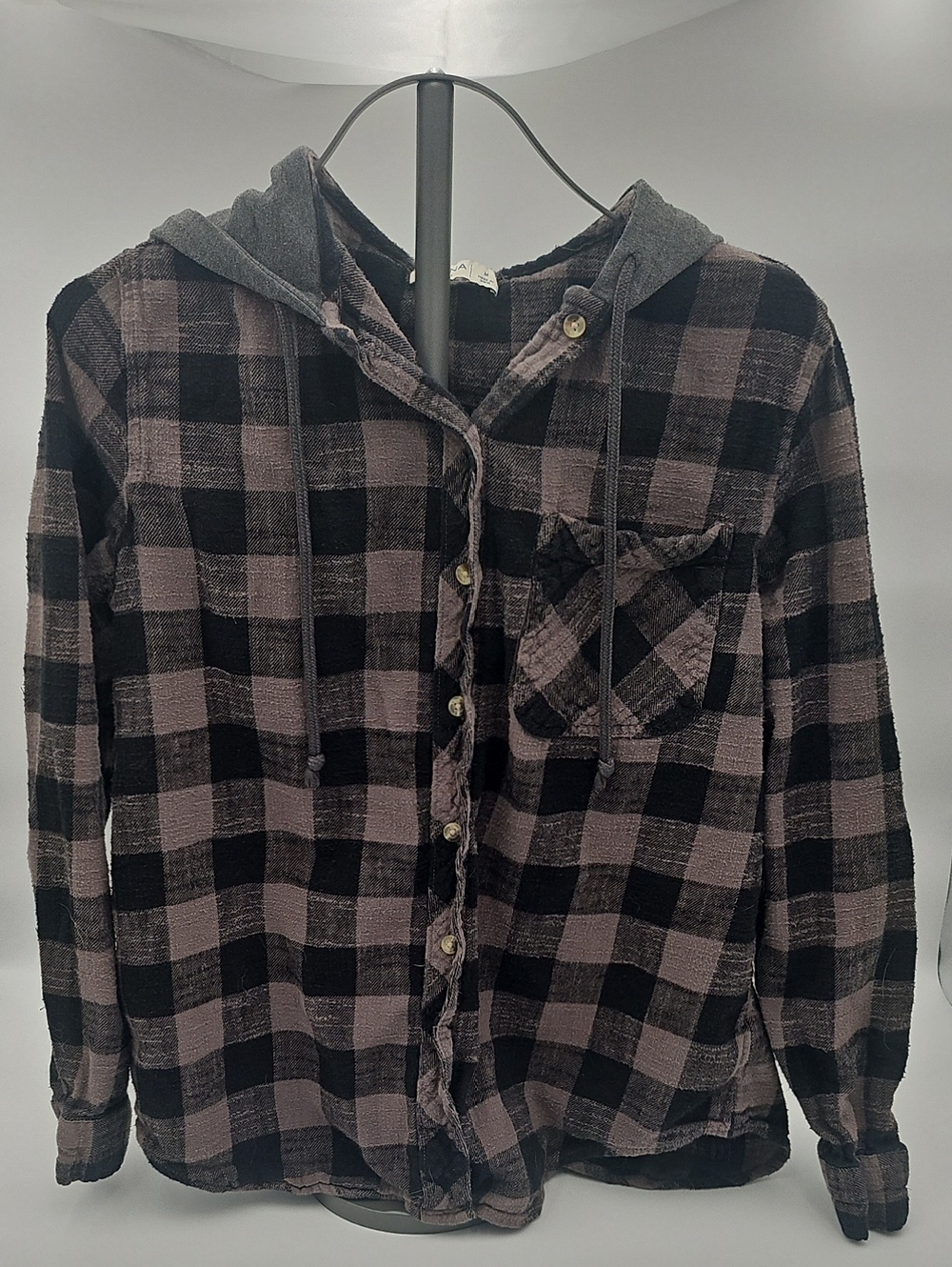 Arizona Jean Company Black & Gray Plaid Hooded Button-Down Shirt